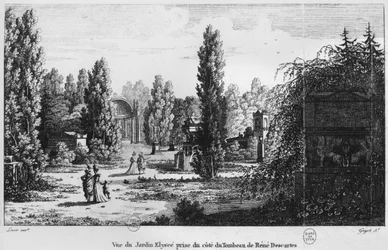 Museo de los Monumentos Franceses, París, vista del Jardín Elíseo desde la tumba de René Descartes, grabado por Laurent Guyot